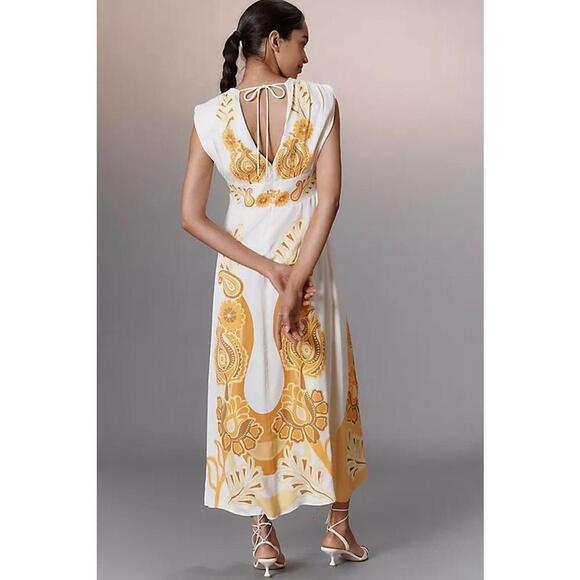 Farm Rio V-Neck Paisley O Ring A-Line Maxi Dress Sleeveless Size XL Yellow Ivory - Picture 2 of 3